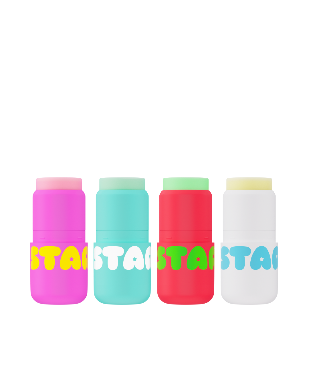 Starface Star Balm flavors Starfruit, Magic Mint, Watermelon Squeeze, and Very Vanilla are lined up with lip balm displayed.