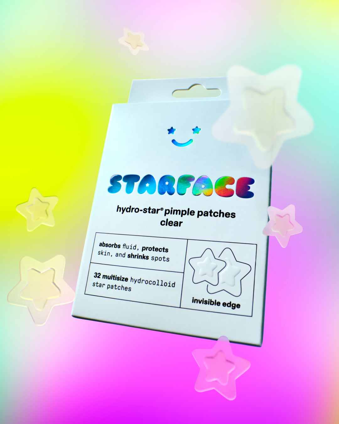 Hydro-Star® Clear box on a colorful gradient background. Five Hydro-Star® Clear pimple patches of different sizes surround the box.