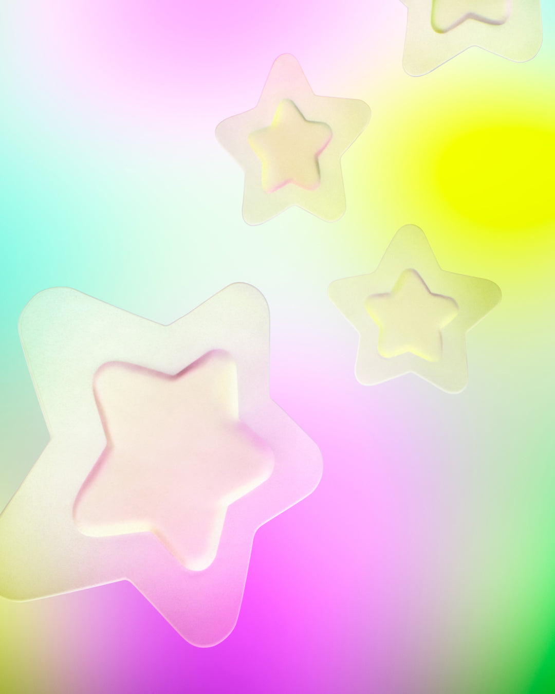 Three Hydro-Star® Clear pimple patches of ascending size float on a colorful gradient background.