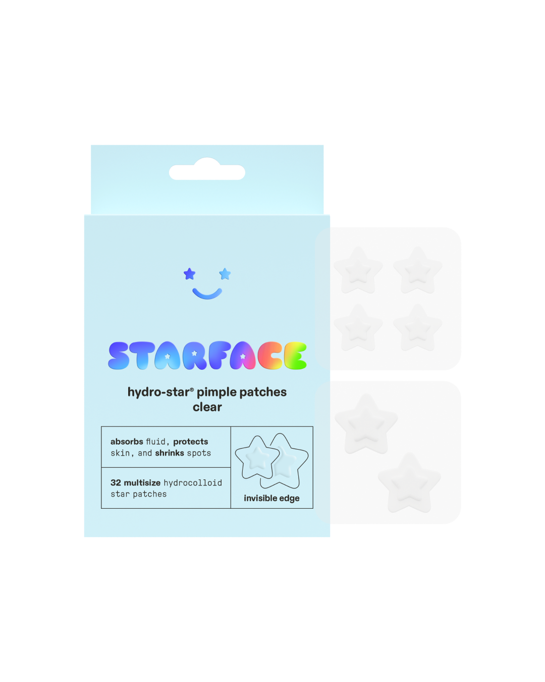 Hydro-Star® Clear packaging on a white background. A plastic sheet containing four 14mm invisible Hydro-Star® pimple patches is above two 18mm clear stars.