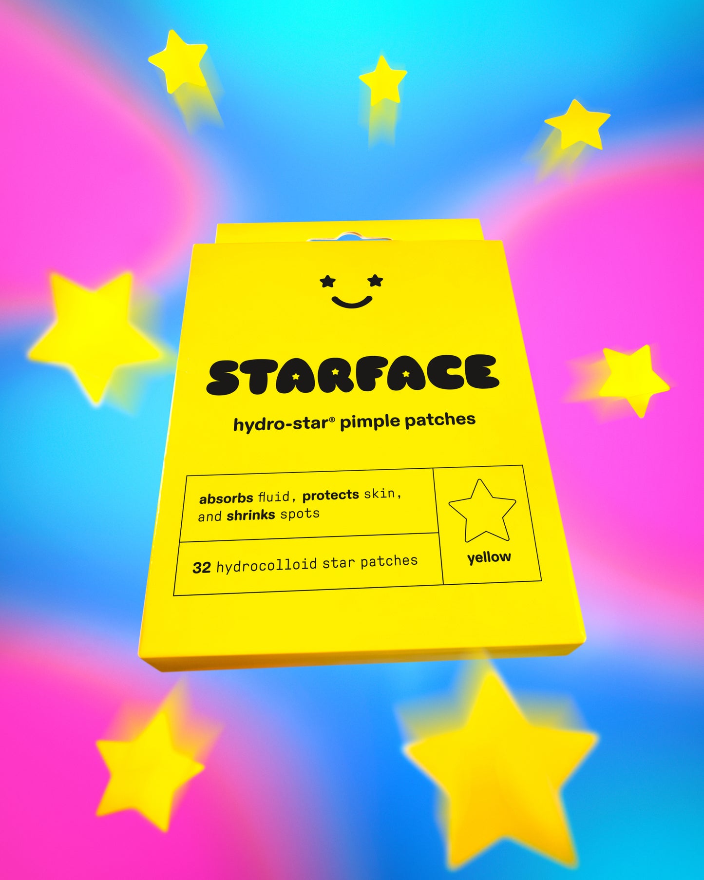 Starface Hydro-Star® box on a pink and blue background. Seven classic yellow star-shaped hydrocolloid pimple patches surround the box.