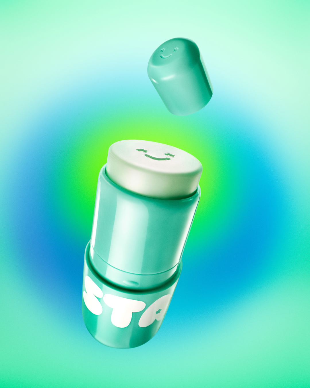 Starface Star Balm Magic Mint displays uncapped cute and hydrating creamy mint lip balm in front of a blue and green background.