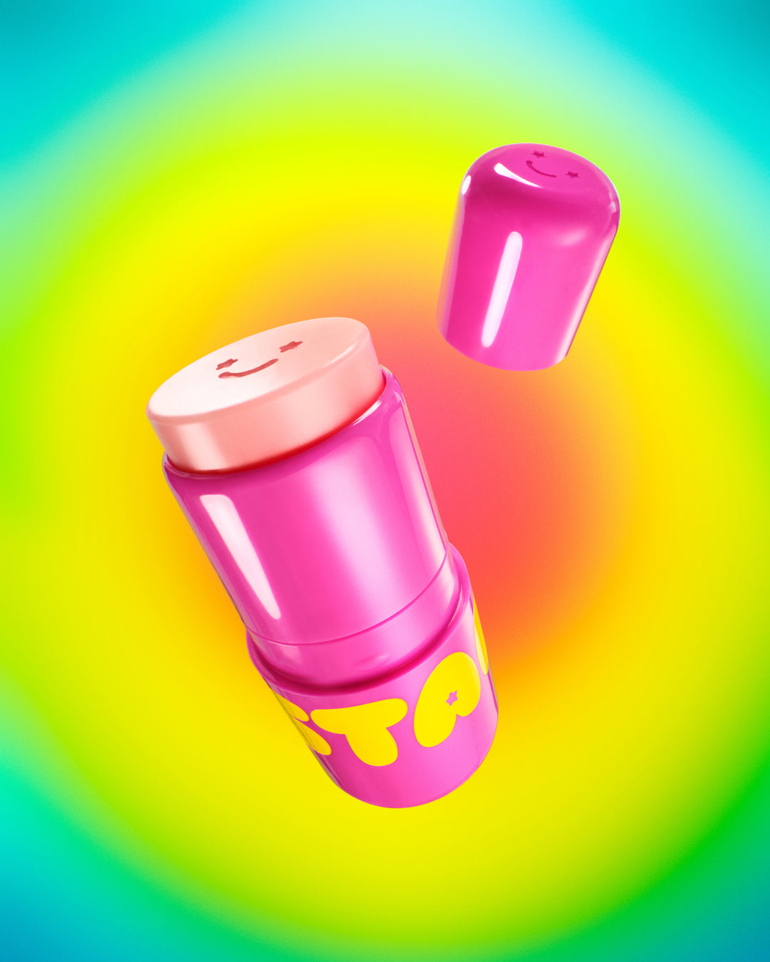 Starface Star Balm Starfruit displays uncapped cute and hydrating juicy tropical lip balm in front of a rainbow background.