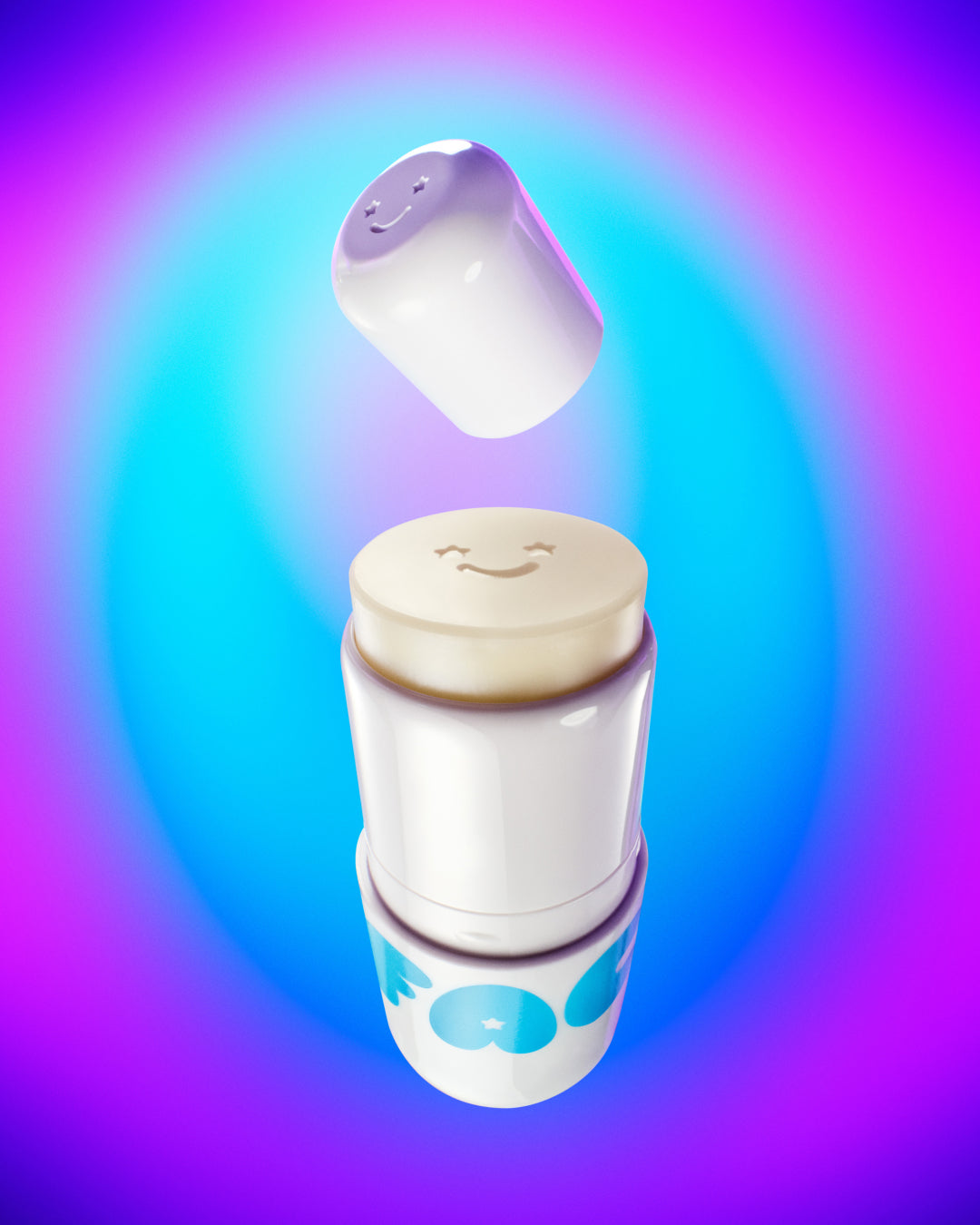 Starface Star Balm Very Vanilla displays uncapped cute and hydrating sweet vanilla lip balm in front of a blue and purple background.