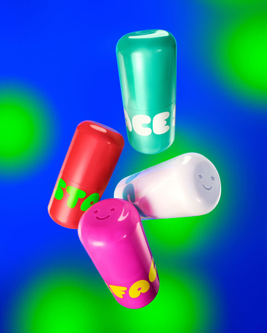 Hydrating Starface Star Balms: Very Vanilla, Magic Mint, Starfruit, and Watermelon Squeeze float on a blue and green background.