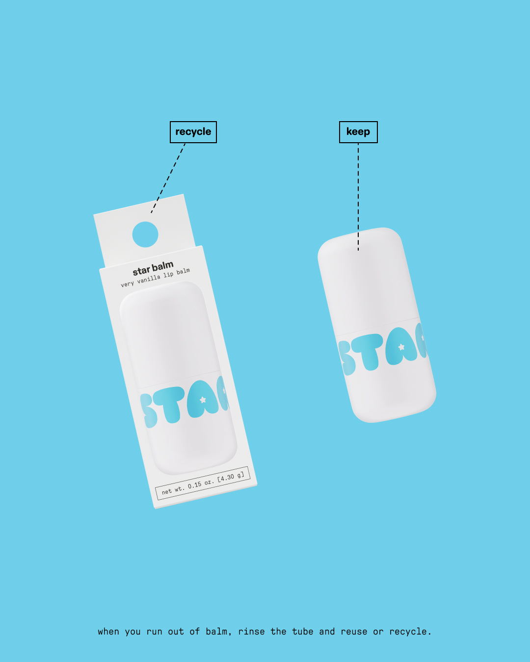 Starface Star Balm Very Vanilla on a blue background. A line marks the box as recyclable. Another line marks the lip balm container as reusable.
