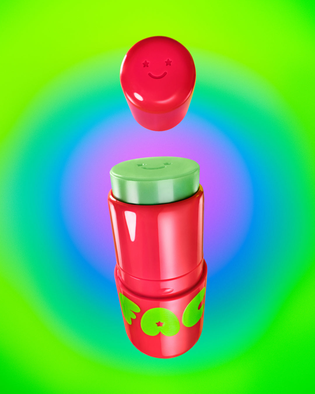 Starface Star Balm Watermelon Squeeze displays uncapped hydrating lip balm with a juicy watermelon taste in front of a purple, blue, and green background.