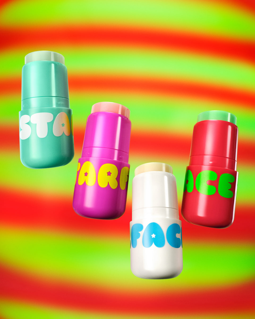 Hydrating Starface Star Balms: Magic Mint, Very Vanilla, Starfruit, and Watermelon Squeeze float horizontally on a red and green background.