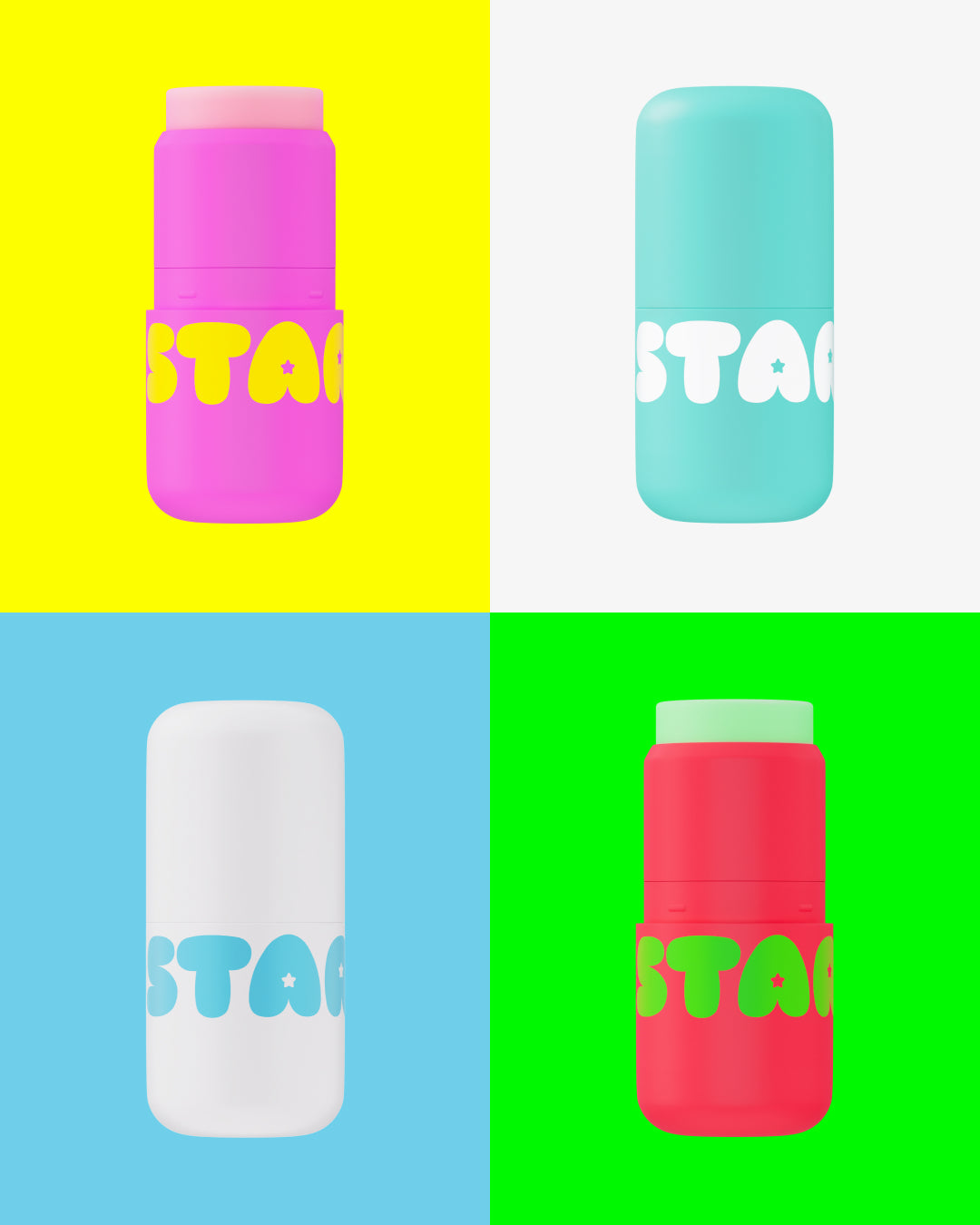 Four moisturizing Starface Star Balms are in a corner. Clockwise, Magic Mint, Watermelon Squeeze, Very Vanilla, and Starfruit appear.