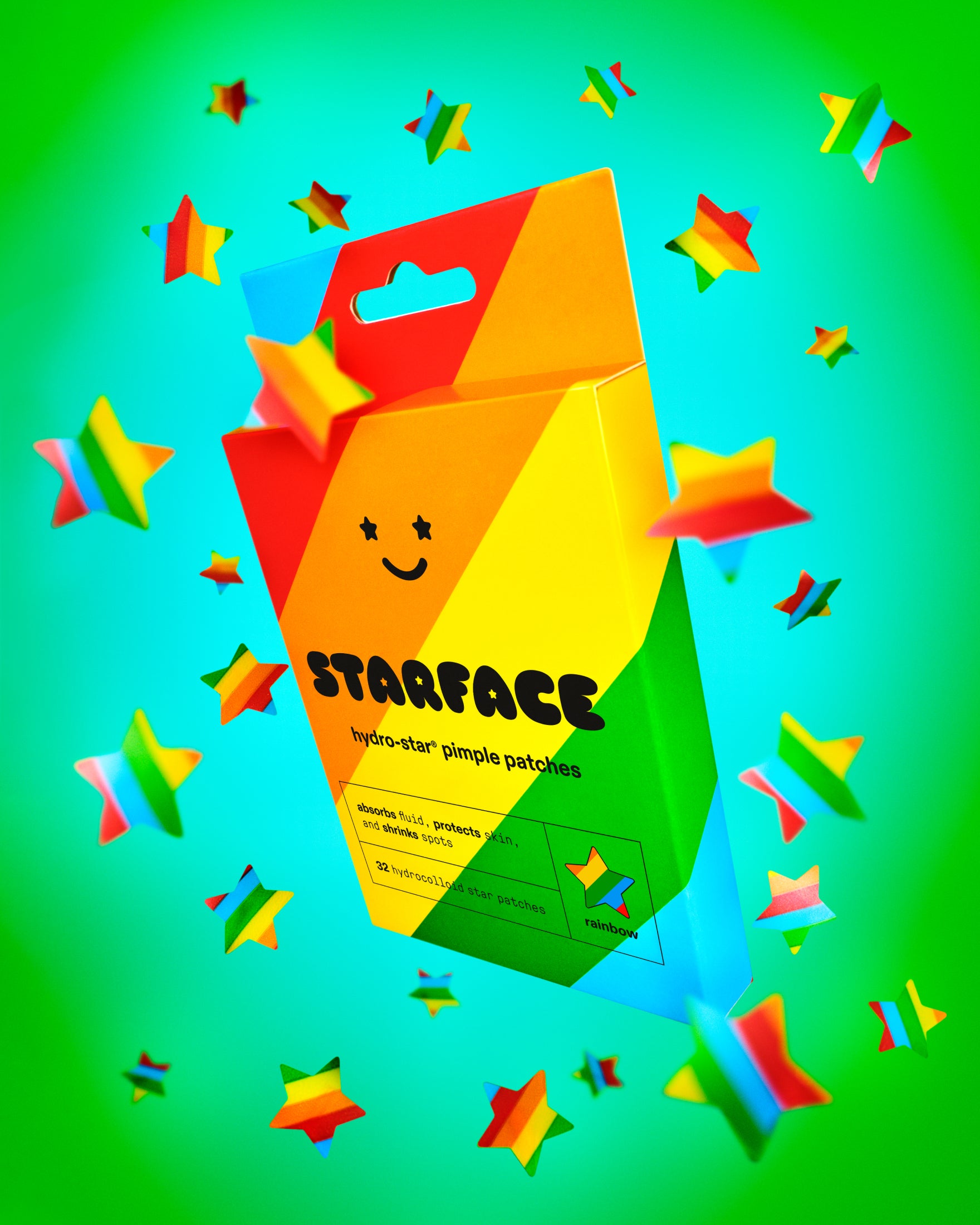 Starface Rainbow Star box on a blue and green gradient background. Several Hydro-Star® pimple patches in full color surround the box.