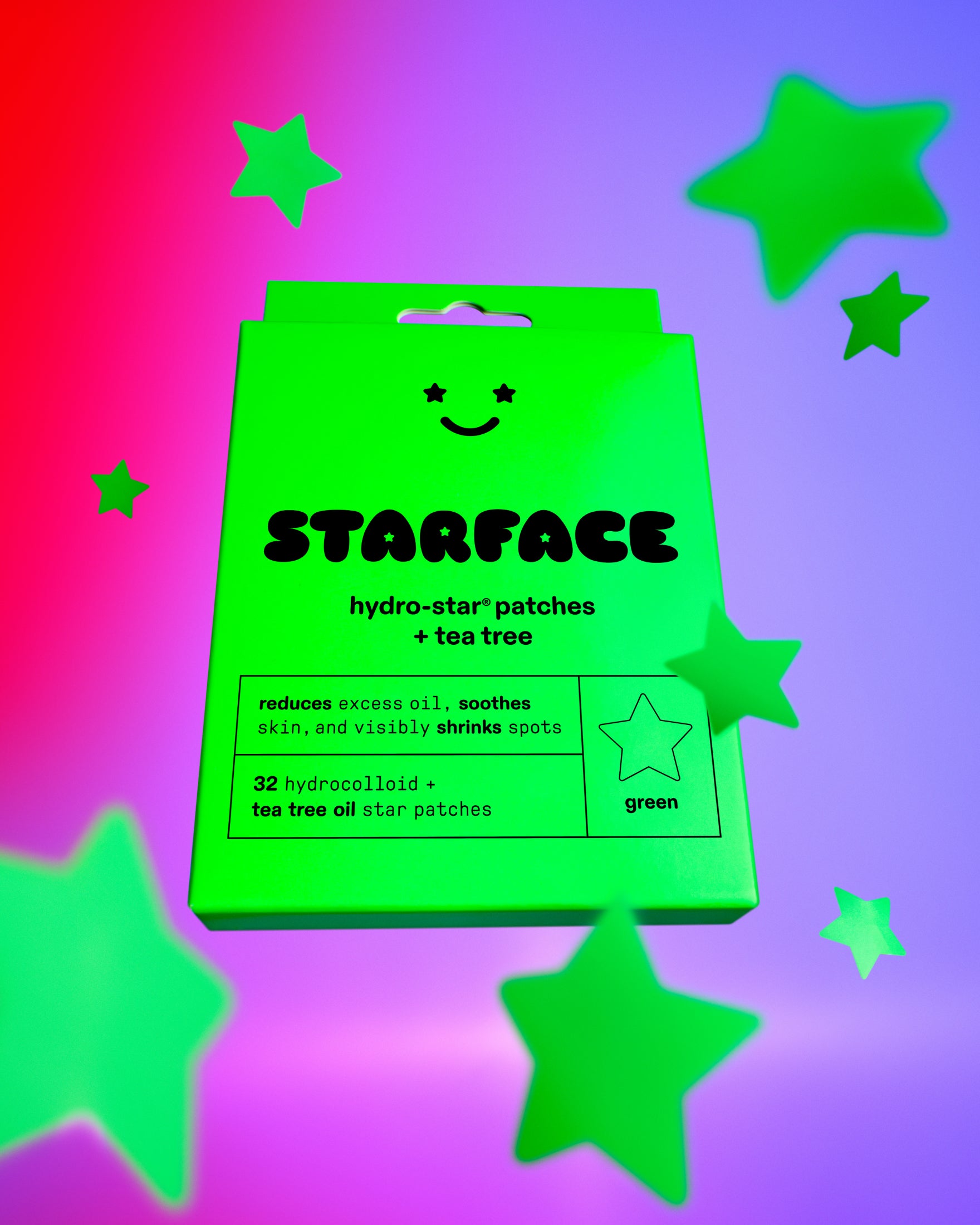 A green package of Starface Hydro-Star® + Tea Tree patches on a red and purple background with floating green stars.