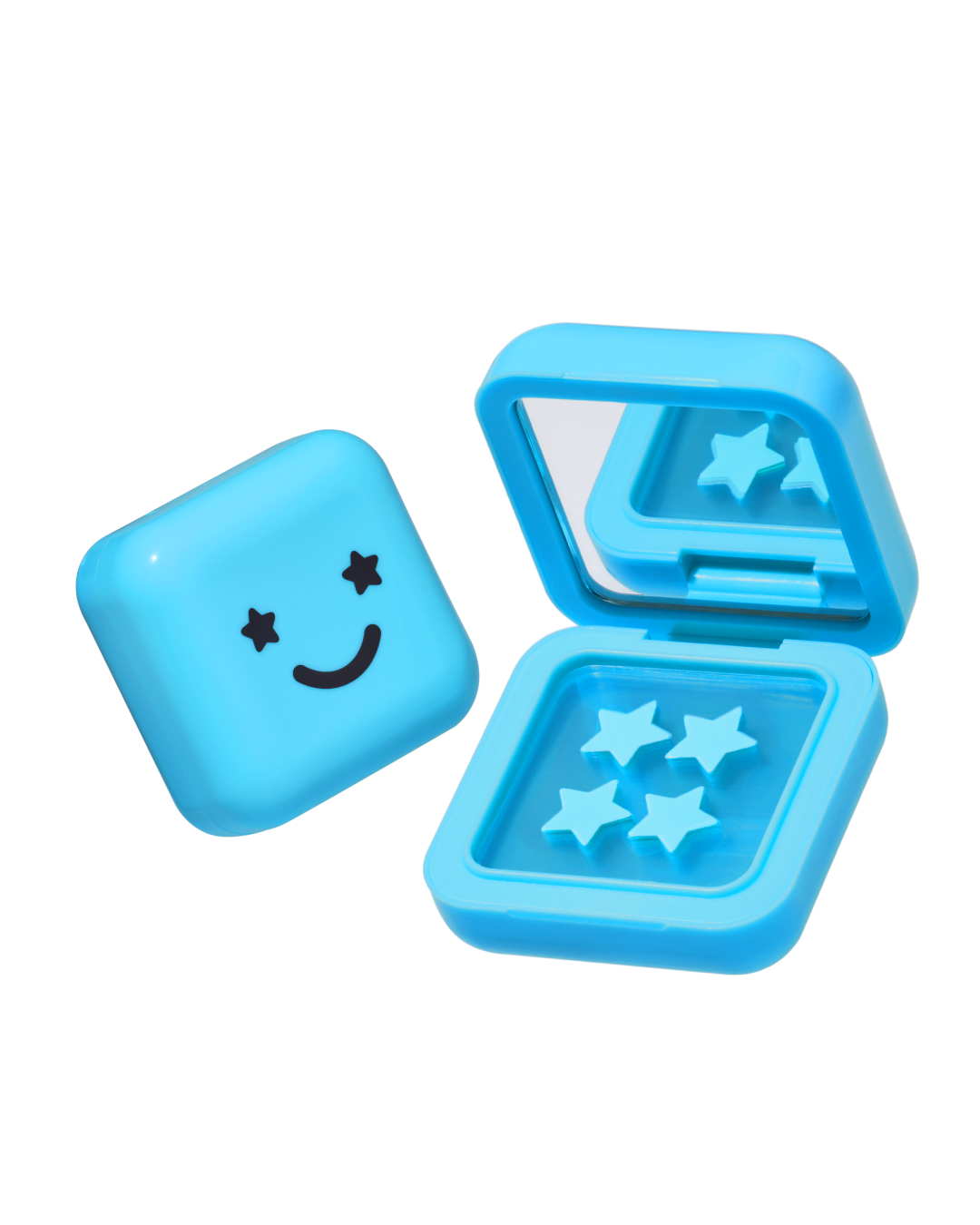 Big Blue compact case with a mirror and black smiley face holding Hydro-Star® + Salicylic Acid blue star-shaped pimple patches.