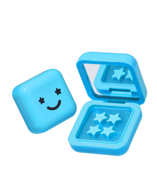 Big Blue compact case with a mirror and black smiley face holding Hydro-Star® + Salicylic Acid blue star-shaped pimple patches.
