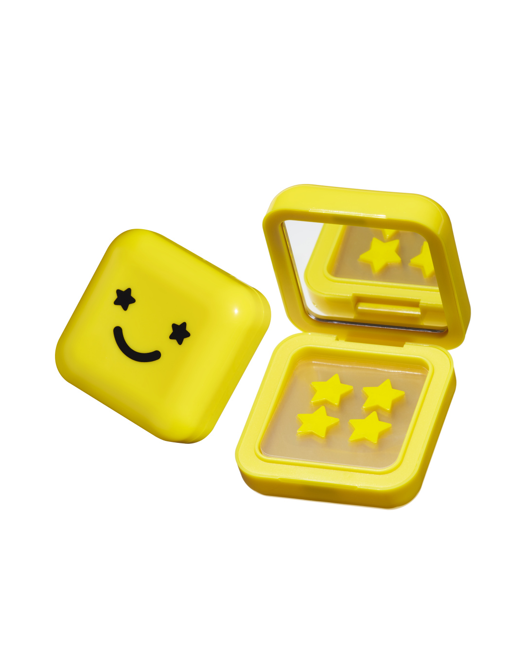 Big Yellow compact case with black smiley face has a mirror and Hydro-Star® hydrocolloid pimple patches inside.