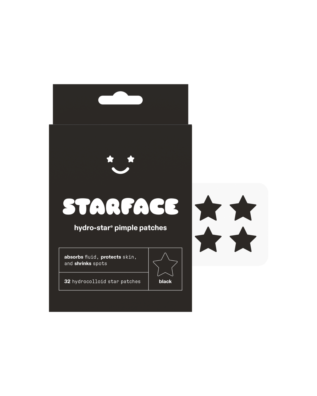 Black Star packaging on a white background. A plastic sheet containing four Hydro-Star® pimple patches in black is next to the packaging.