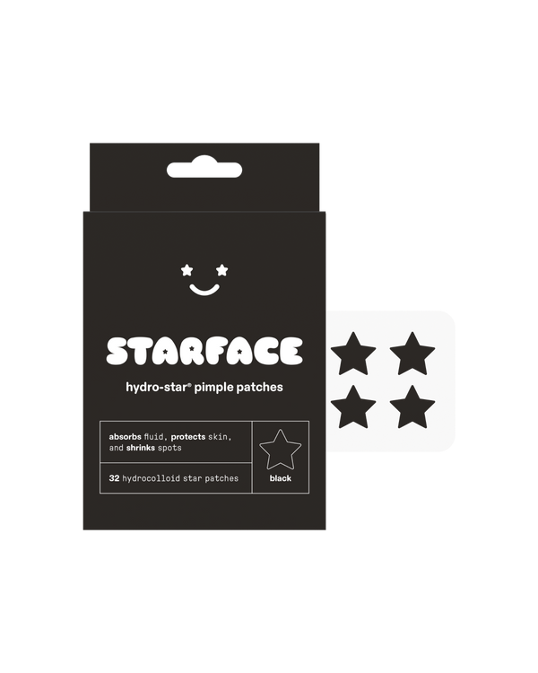 Starface Black Star packaging beside a sheet of black Hydro-Star® star-shaped pimple patches. 32 hydrocolloid stars.