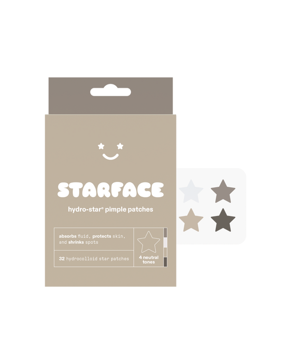 Starface Earth Star packaging beside a sheet of neutral-toned Hydro-Star® pimple patches. 32 hydrocolloid stars.