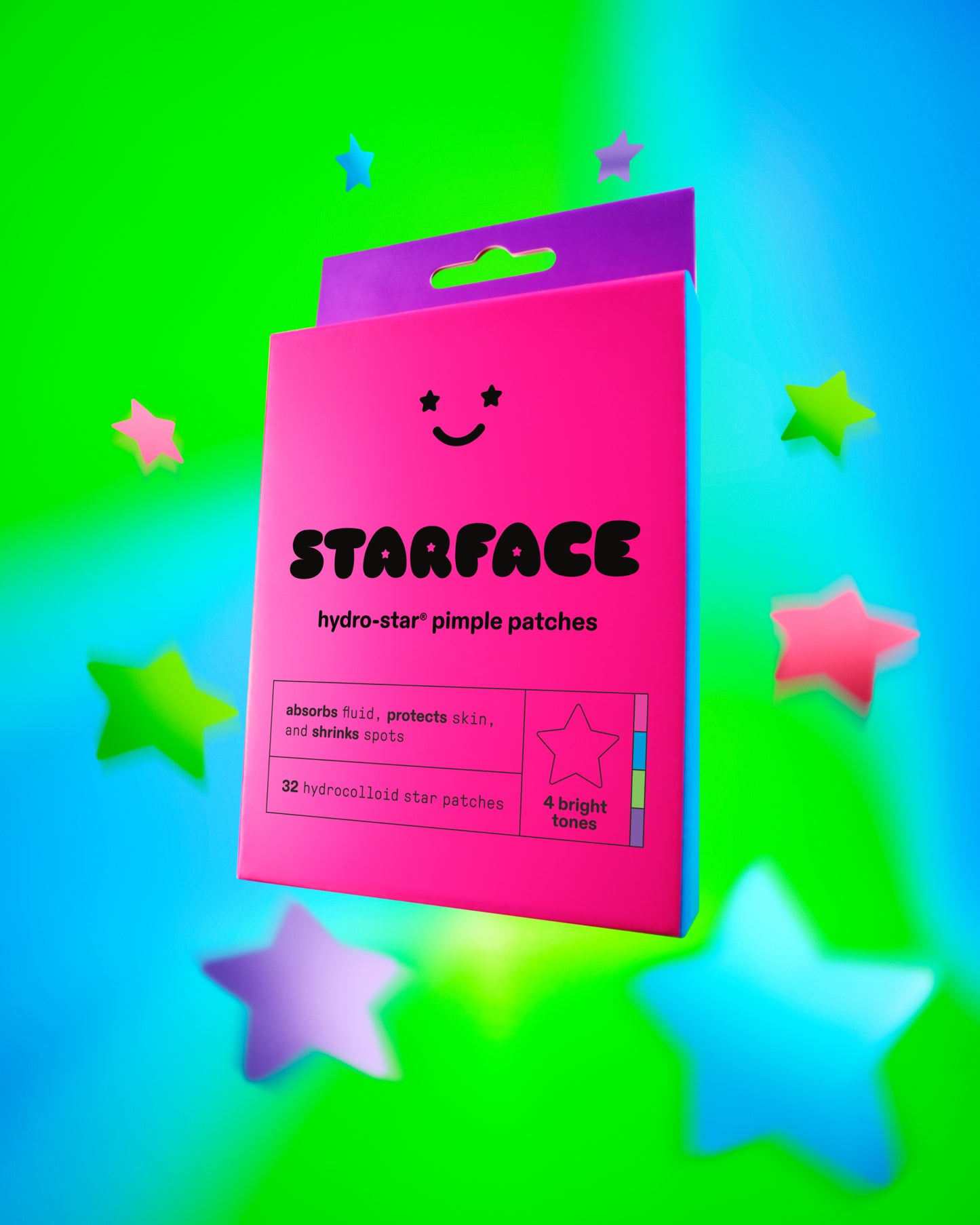 A pink and purple package of colorful Hydro-Star® pimple patches on a green and blue background with floating party pack stars.