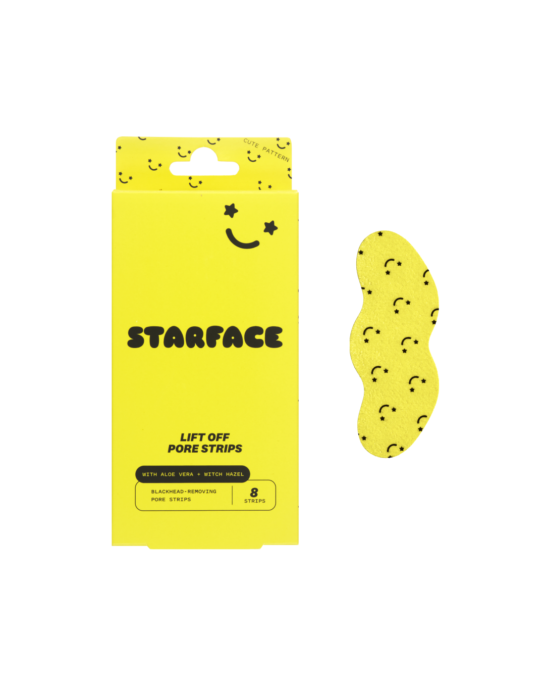 Starface Lift Off Pore Strip packaging on a white background. One pore strip in yellow with black smiley faces is next to the box.