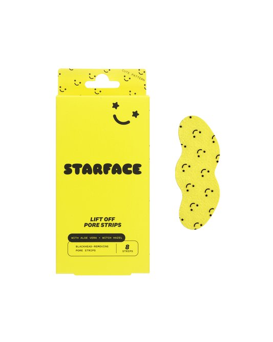 Starface Lift Off Pore Strip packaging on a white background. One pore strip in yellow with black smiley faces is next to the box.