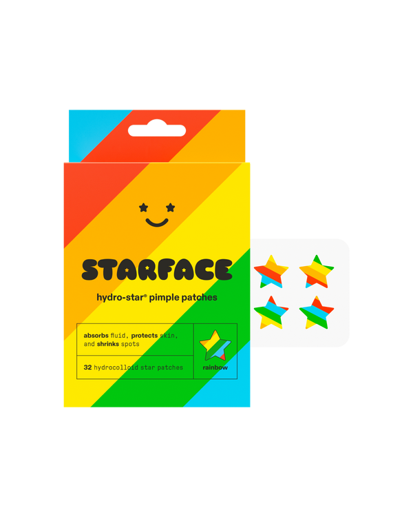 Starface Rainbow Star packaging beside a sheet of full-color Hydro-Star® star-shaped pimple patches. 32 hydrocolloid stars.