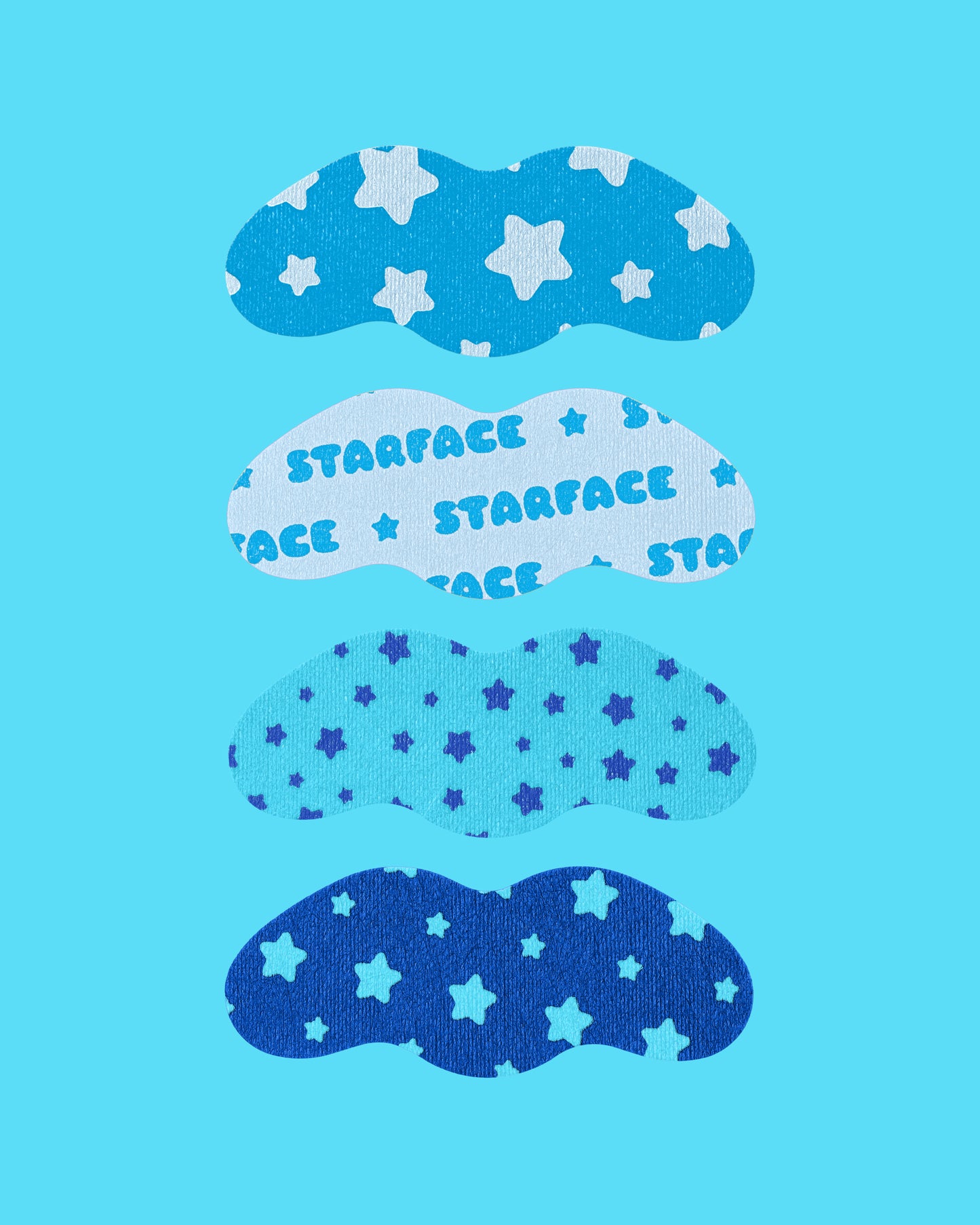 The four blue Starface Star Strips™ + Salicylic Acid designs. Extra-strength pore strips that remove blackheads.