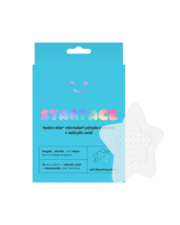 Starface Hydro-Star® Microdarts + Salicylic Acid packaging beside a sheet of clear star patches. 12 microdart stars.