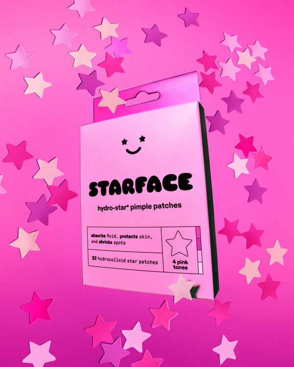 A carton of pink Starface Hydro-Star® pimple patches in four shades. Hydrocolloid stars that absorb gunk and shrink spots.