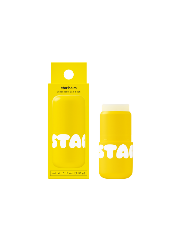 Starface Star Balm® in Unscented, capped tube on a plain background. A fragrance-free, creamy, clear lip balm.