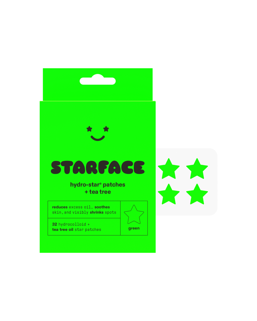 Starface Hydro-Star® + Tea Tree packaging on a white background. A plastic sheet containing four green stars is next to the packaging.