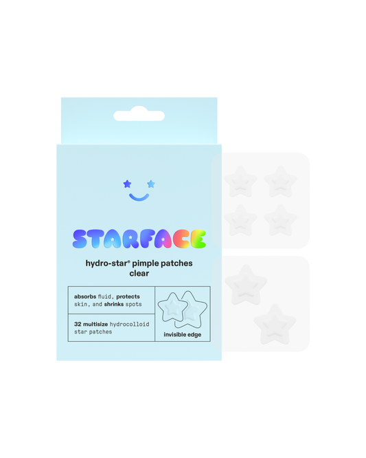 Hydro-Star® Clear packaging on a white background. A plastic sheet containing four 14mm invisible Hydro-Star® pimple patches is above two 18mm clear stars.