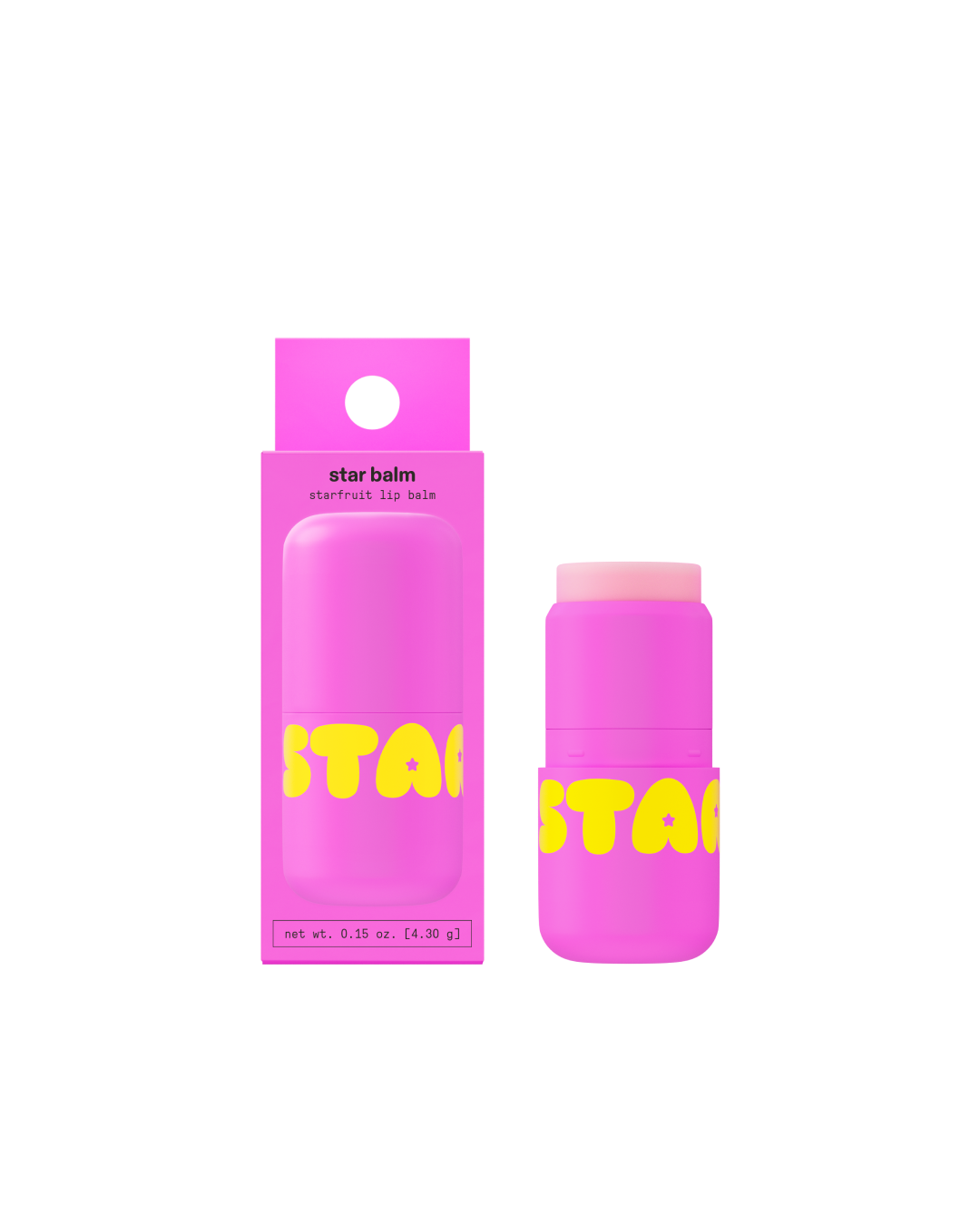 Starface Star Balm Starfruit packaging next to uncapped moisturizing lip balm for soft lips on a white background.