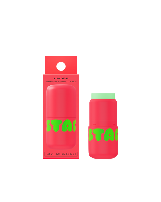 Starface Star Balm Watermelon Squeeze packaging next to uncapped moisturizing lip balm for soft lips on a white background.