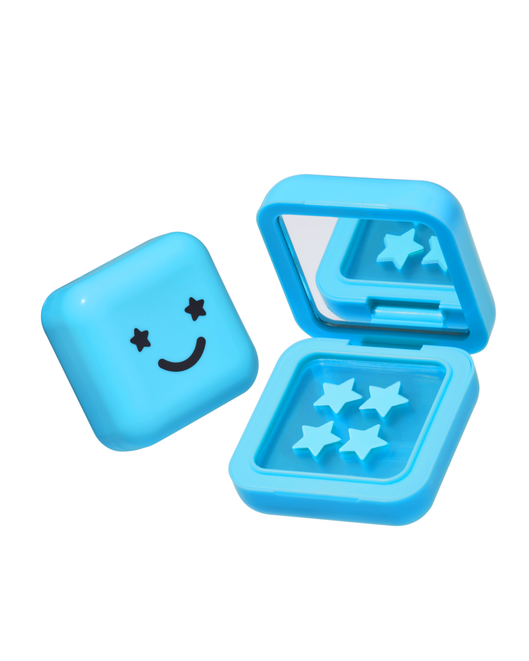 Blue compact case with a mirror and black smiley face holding Hydro-Star® + Salicylic Acid blue star-shaped pimple patches.