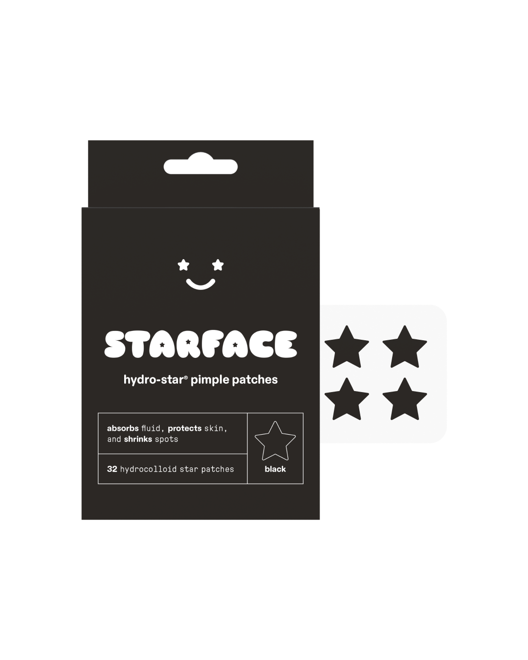 Black Star box reads "Starface, Hydro-Star® pimple patches, absorbs fluid, protects skin, and shrinks spots, 32 hydrocolloid star patches, black." 