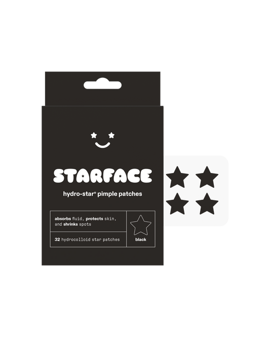 A graphic displays Black Star's packaging. A black box reads "Starface, hydro-star® pimple patches, absorbs fluid, protects skin, and shrinks spots, 32 hydrocolloid star patches." 