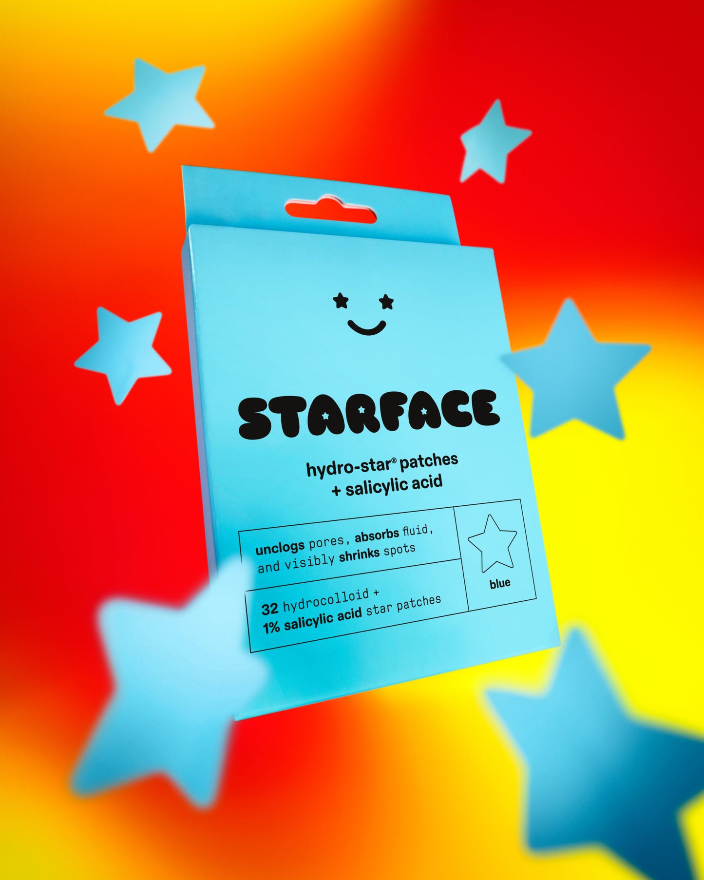 A blue package of Hydro-Star® + Salicylic Acid pimple patches on a red and yellow background with floating blue stars.