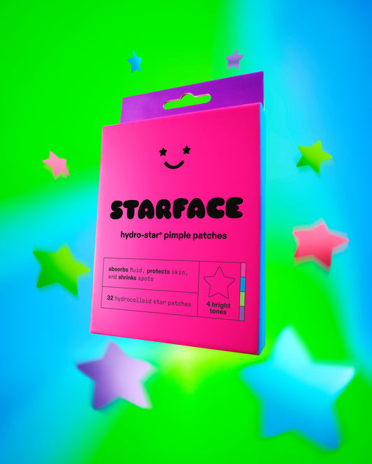 A pink and purple package of colorful Hydro-Star® pimple patches on a green and blue background with floating Party Pack stars.