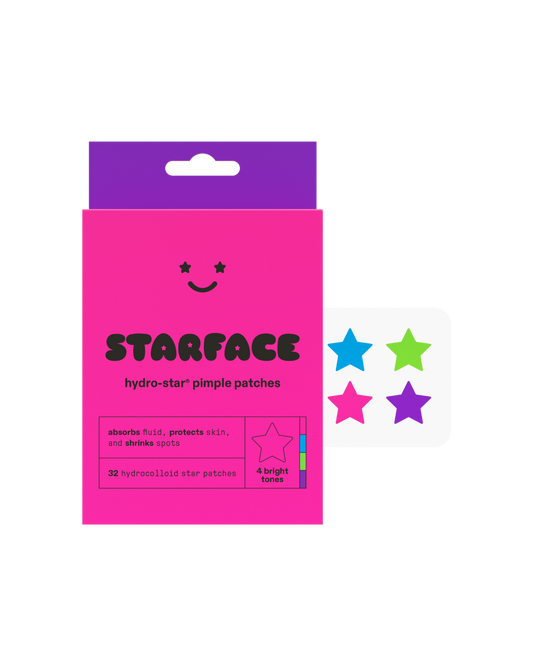 A graphic of Party Pack's packaging. A pink and purple box reads "Starface, hydro-star® pimple patches, absorbs fluid, protects skin, and shrinks spots, 32 hydrocolloid star patches, 4 bright tones." 