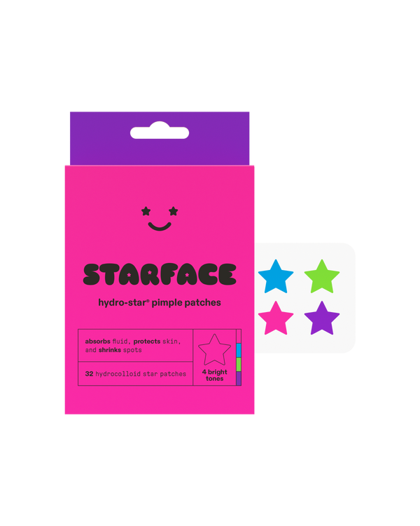 Starface Party Pack packaging beside a sheet of bright Hydro-Star® star-shaped pimple patches. 32 hydrocolloid stars.