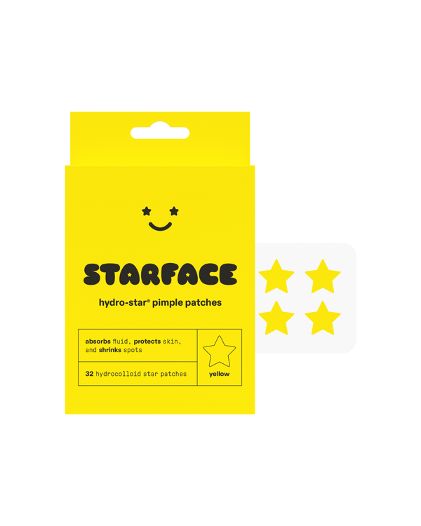Starface Hydro-Star® refill packaging beside a sheet of classic yellow star-shaped pimple patches. 32 hydrocolloid stars.