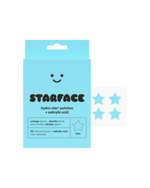 Starface Hydro-Star® + Salicylic Acid packaging beside a sheet of star-shaped patches. 32 hydrocolloid stars.