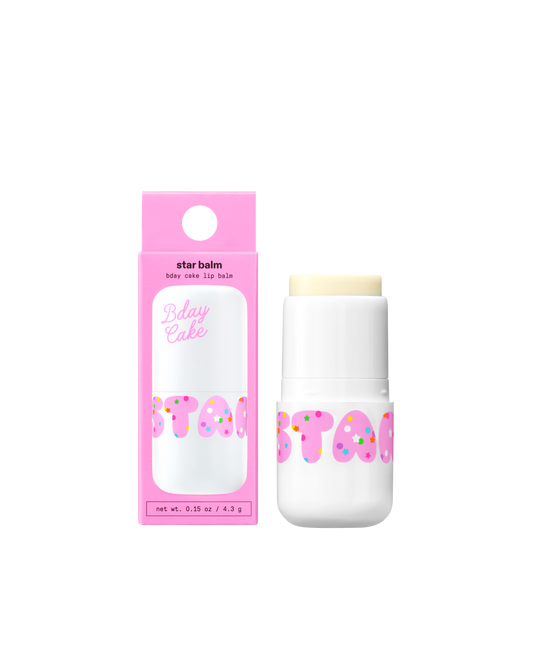 Starface Star Balm® in Bday Cake, capped tube on a plain background. A sweet, fluffy, frosted birthday cake lip balm.