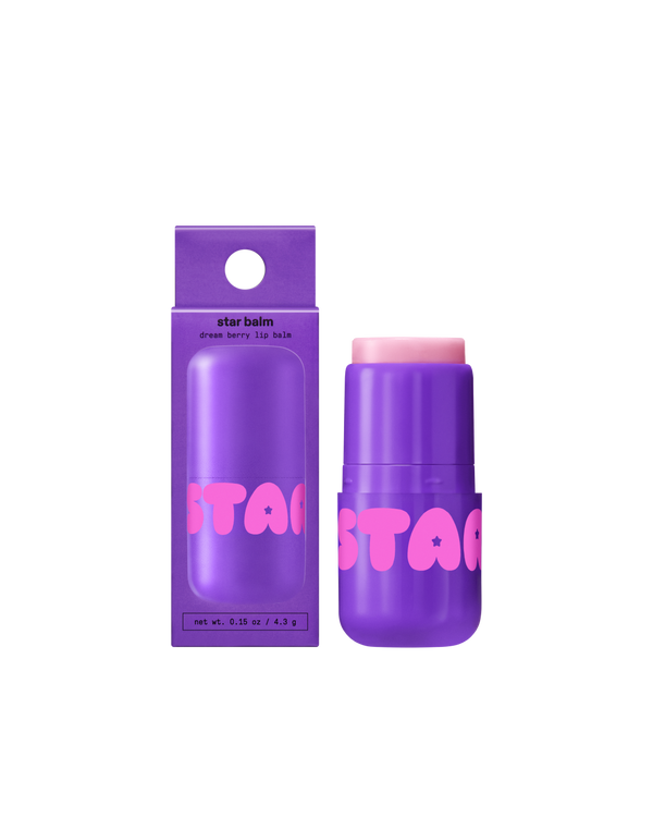 Starface Star Balm® in Dream Berry, capped tube on a plain background. A sweet, juicy berry moisturizing lip balm.