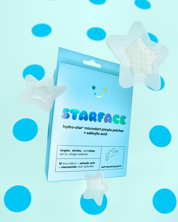 A pack of clear Starface Hydro-Star® Microdarts + Salicylic Acid patches. Star patches with self-dissolving microdarts.