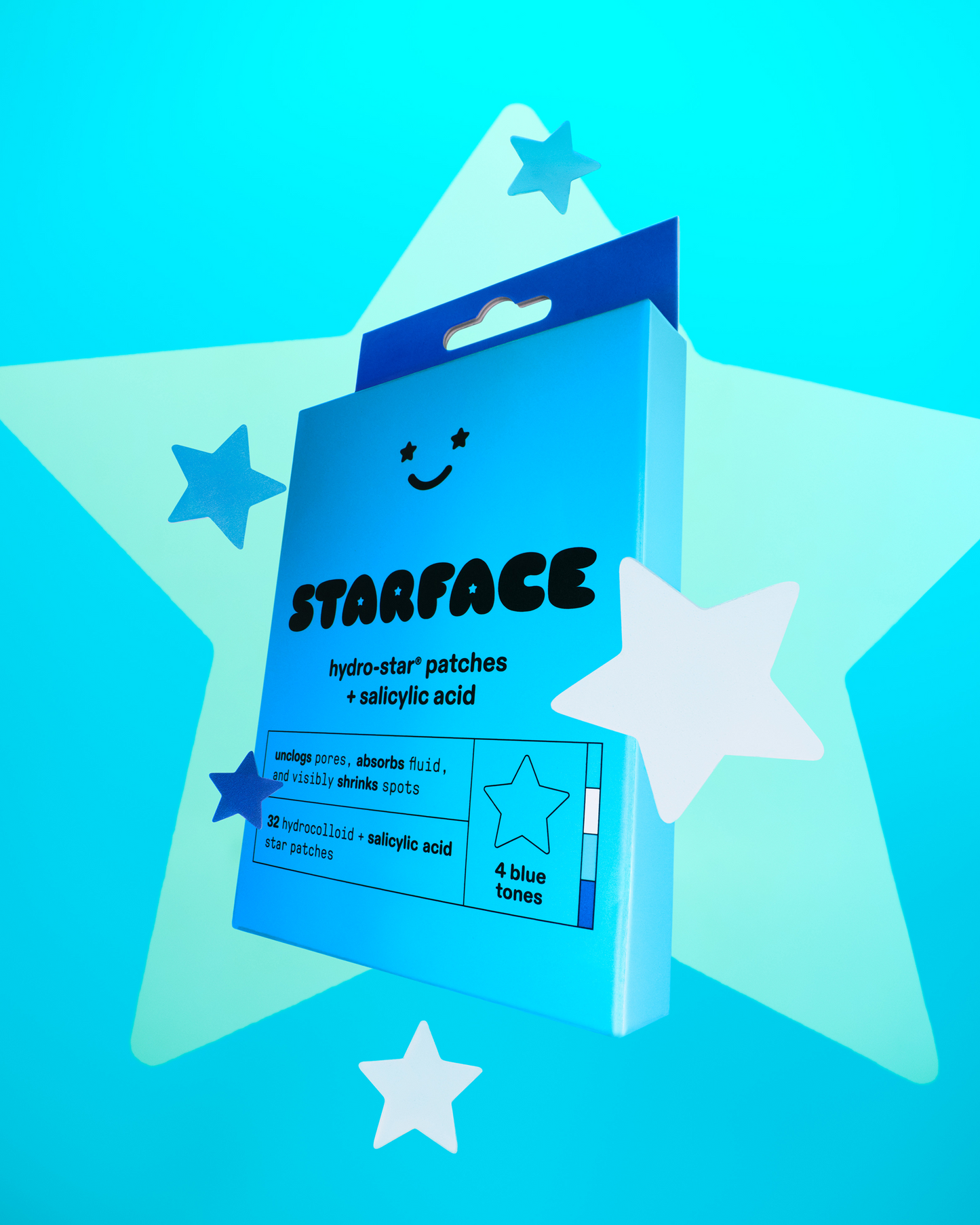 A refill pack of Starface Hydro-Star® + Salicylic Acid patches. 32 hydrocolloid stars in four blue shades.