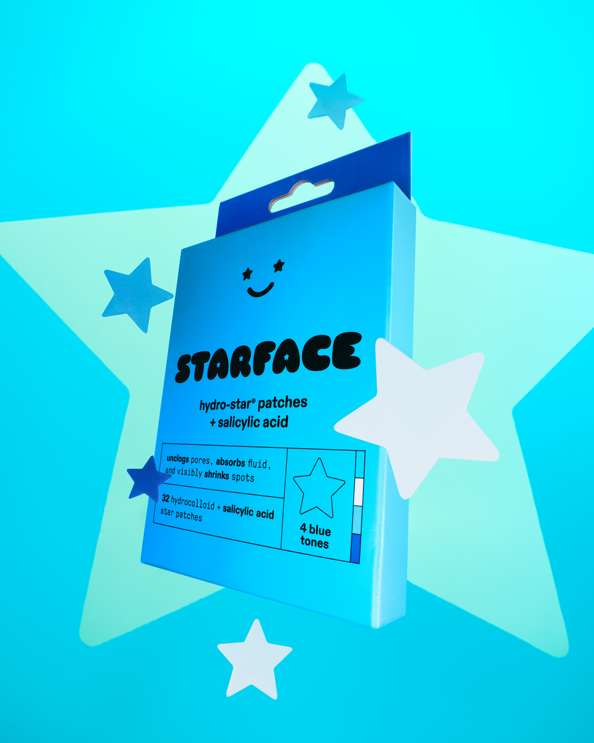 A refill pack of Starface Hydro-Star® + Salicylic Acid patches. 32 hydrocolloid stars in four blue shades.
