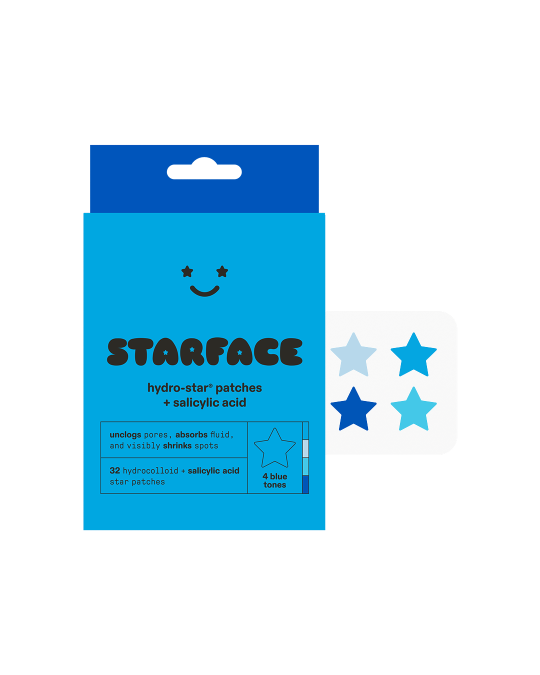 Starface Hydro-Star® + Salicylic Acid Party Pack. 32 blue star patches in taffy, sky, neptune and bubbles shades.
