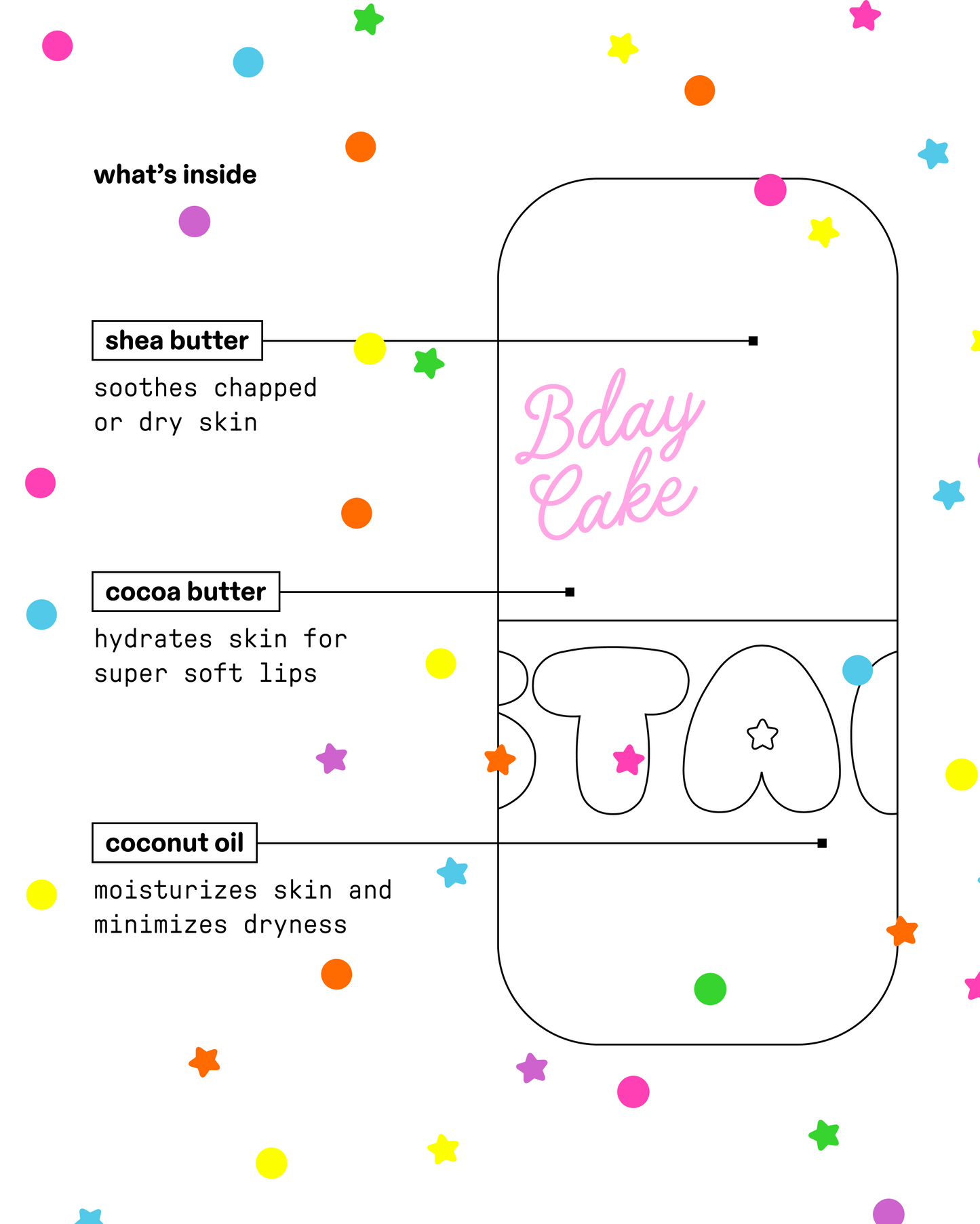 Ingredient guide for Starface Star Balm® Bday Cake lip balm. Made with shea, cocoa butter and coconut oil.
