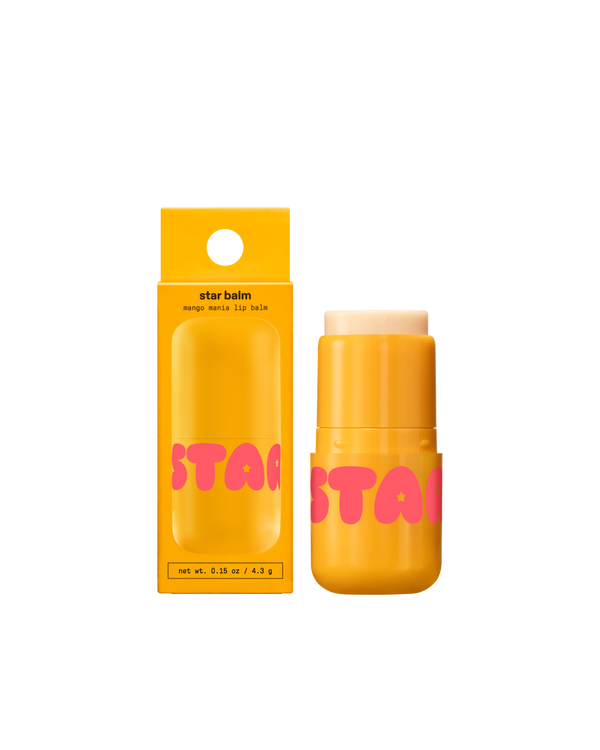 Starface Star Balm® in Mango Mania, capped tube on a plain background. A sweet, citrusy mango moisturizing lip balm.